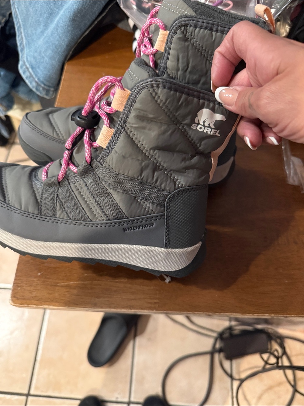 Sorel Kids Gray Winter Boots with Pink Laces and Peach Tabs